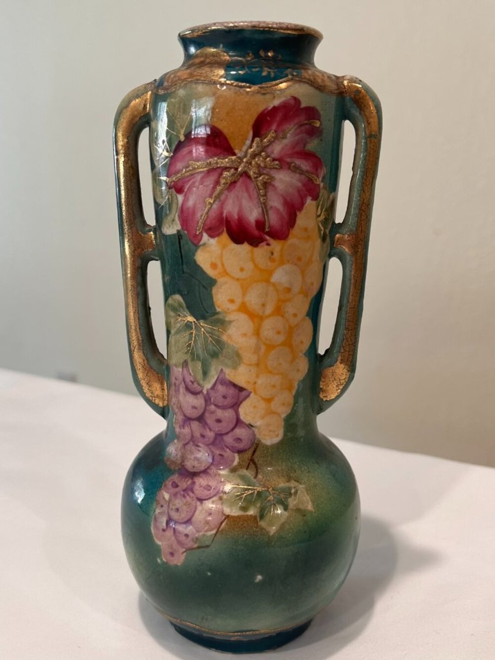 Art Nouveau Flemish Earthenware Vase with Grapes and Gilded Gold Leaf Motif